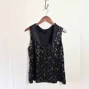 St. John black sequin embellished blouse sleeveless drape neck size 10